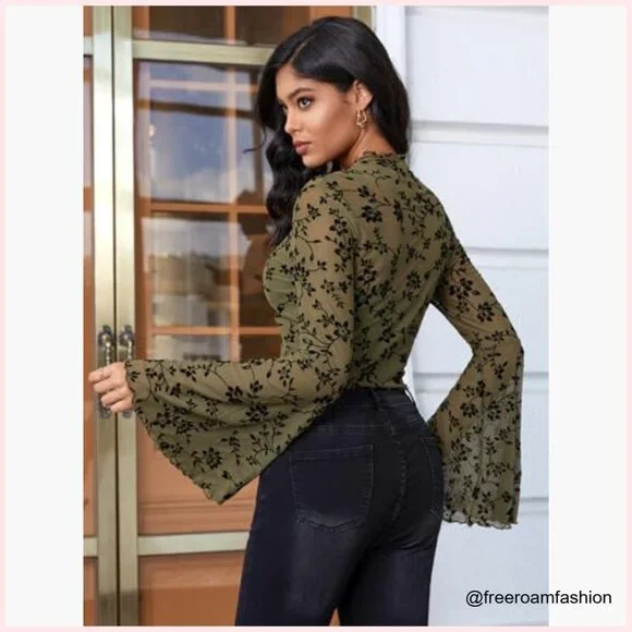 Mesh Crop Top Long Bell Sleeve Floral Print Slim Fit Summer Top - Picture 3 of 6